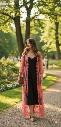 Poncho largo de encaje floral para mujer, con borde festoneado y abertura frontal - W-04-015-250 Coral