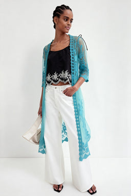 Women’s Floral Lace Longline Poncho – Scalloped Edge Open Front-W-04-015-390Turquoise