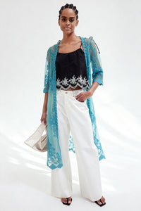 Poncho largo de encaje floral para mujer, con borde festoneado y abertura frontal - W-04-015-390 Turquesa