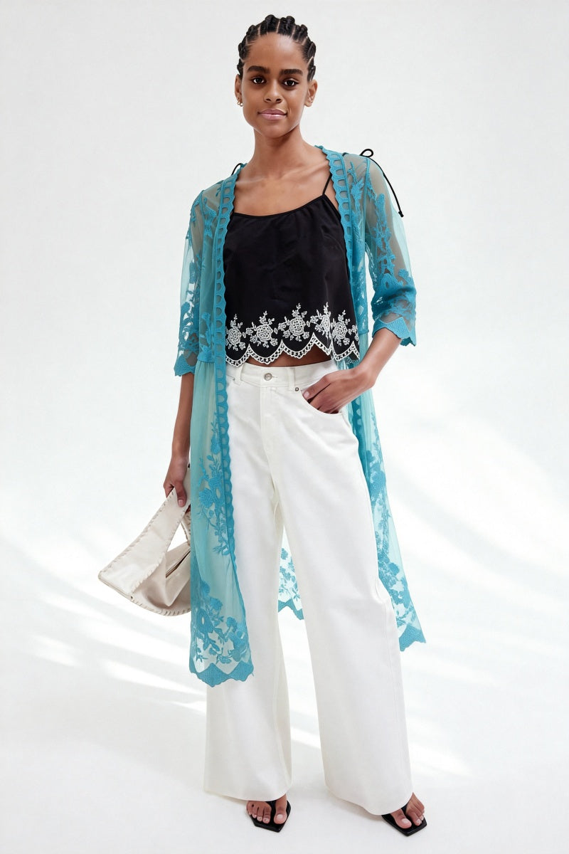 Poncho largo de encaje floral para mujer, con borde festoneado y abertura frontal - W-04-015-390 Turquesa