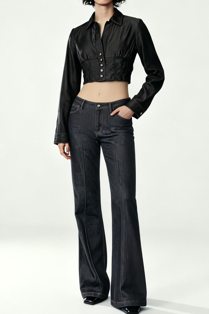 Women’s Cropped Corset-Back Blouse in Soft Faux Denim W-05-001 Black