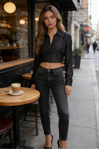 Women’s Cropped Corset-Back Blouse in Soft Faux Denim W-05-001 Black，Denim