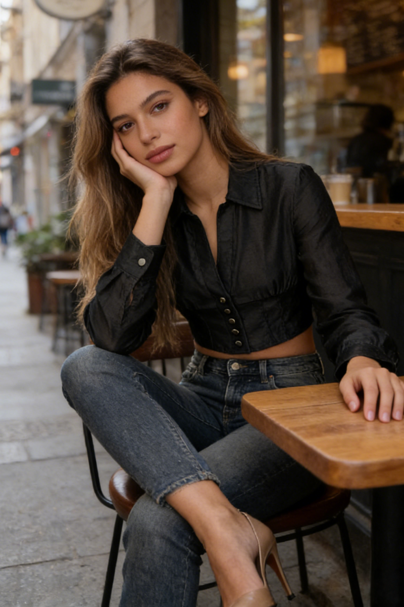 Women’s Cropped Corset-Back Blouse in Soft Faux Denim W-05-001 Black，Denim