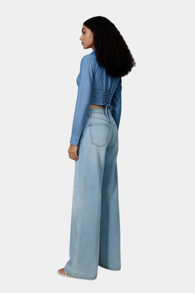 Women’s Cropped Corset-Back Blouse in Soft Faux Denim W-05-001 Denim