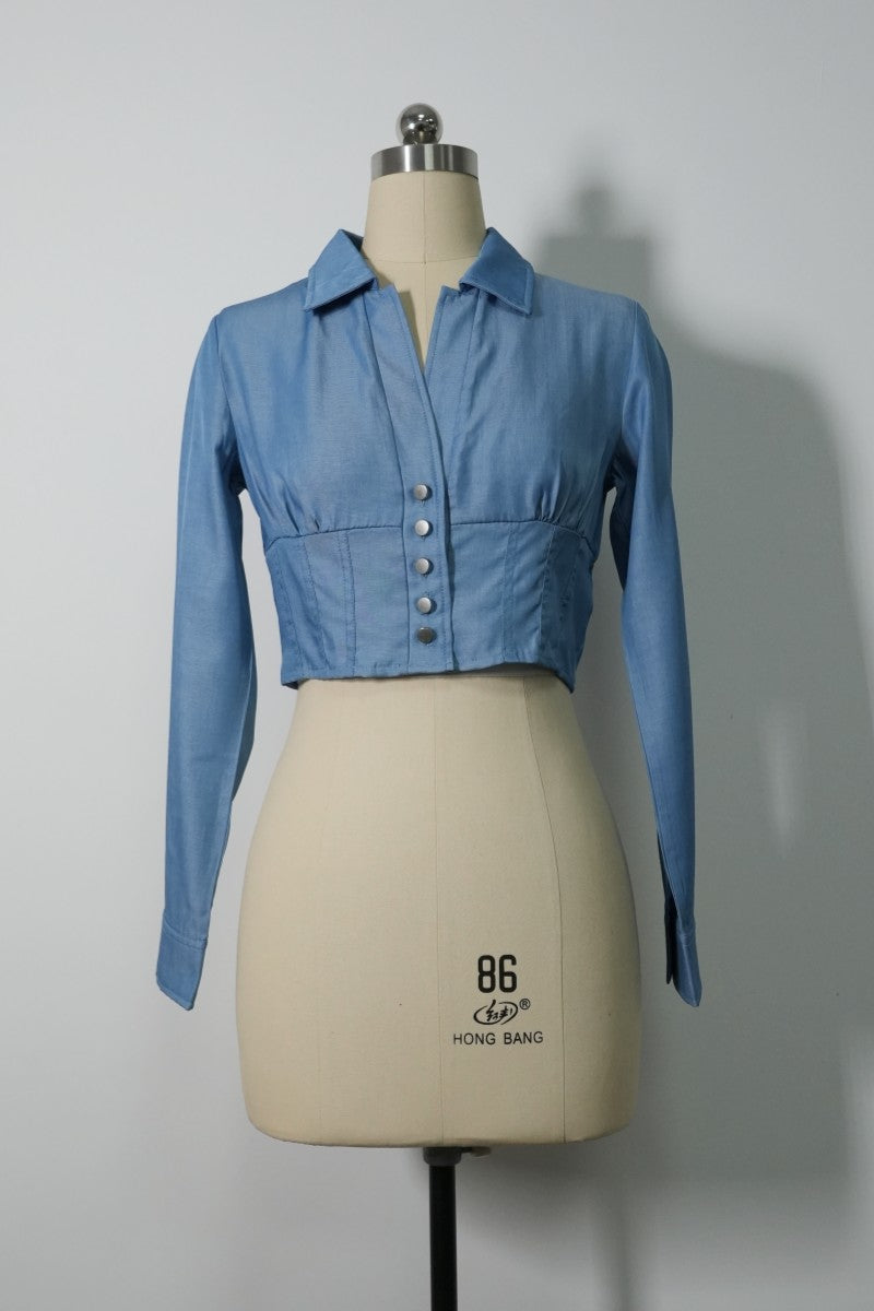 Women’s Cropped Corset-Back Blouse in Soft Faux Denim W-05-001 Denim