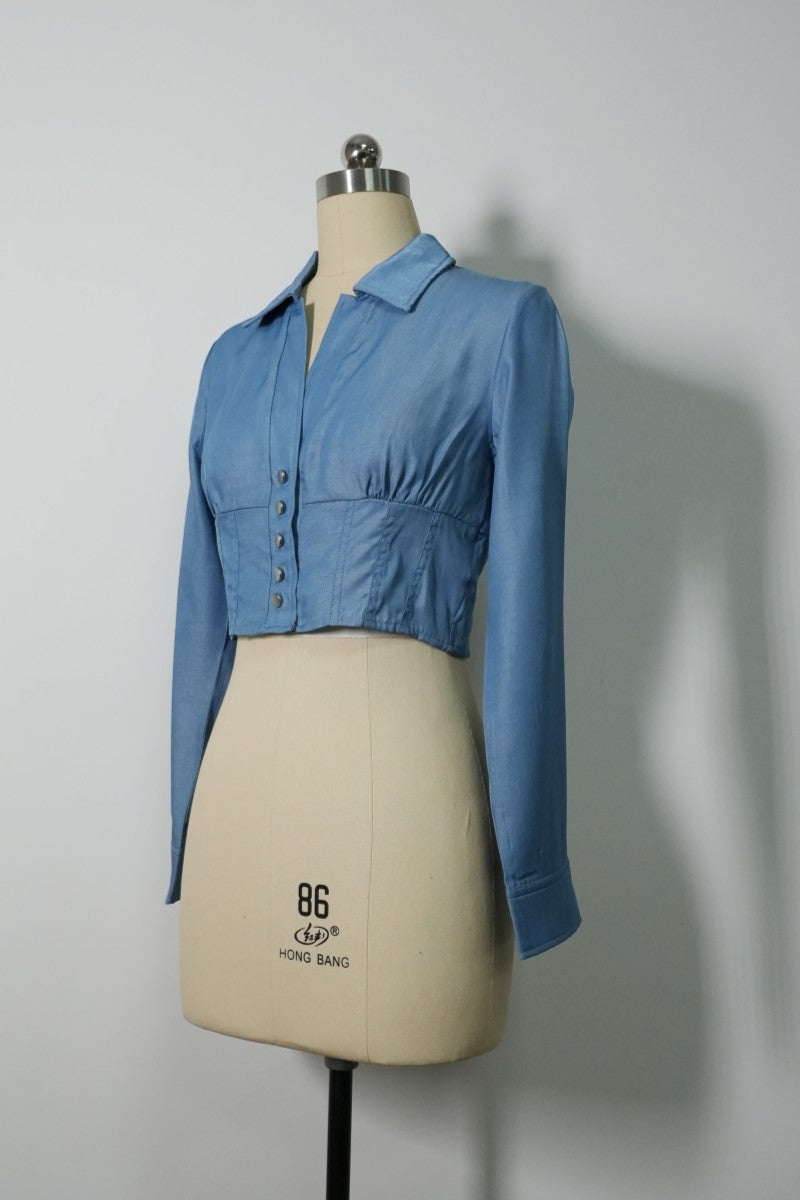 Women’s Cropped Corset-Back Blouse in Soft Faux Denim W-05-001 Denim