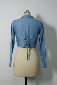 Women’s Cropped Corset-Back Blouse in Soft Faux Denim W-05-001 Denim