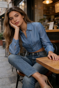 Women’s Cropped Corset-Back Blouse in Soft Faux Denim W-05-001 Black，Denim