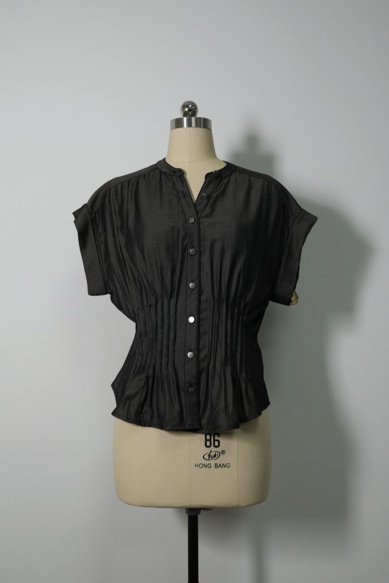 Sculpted Cinched Blouse|Soft-touch Faux denim,Corset-waist Cap-sleeve Denim Blouse W-05-002 Denim, Black
