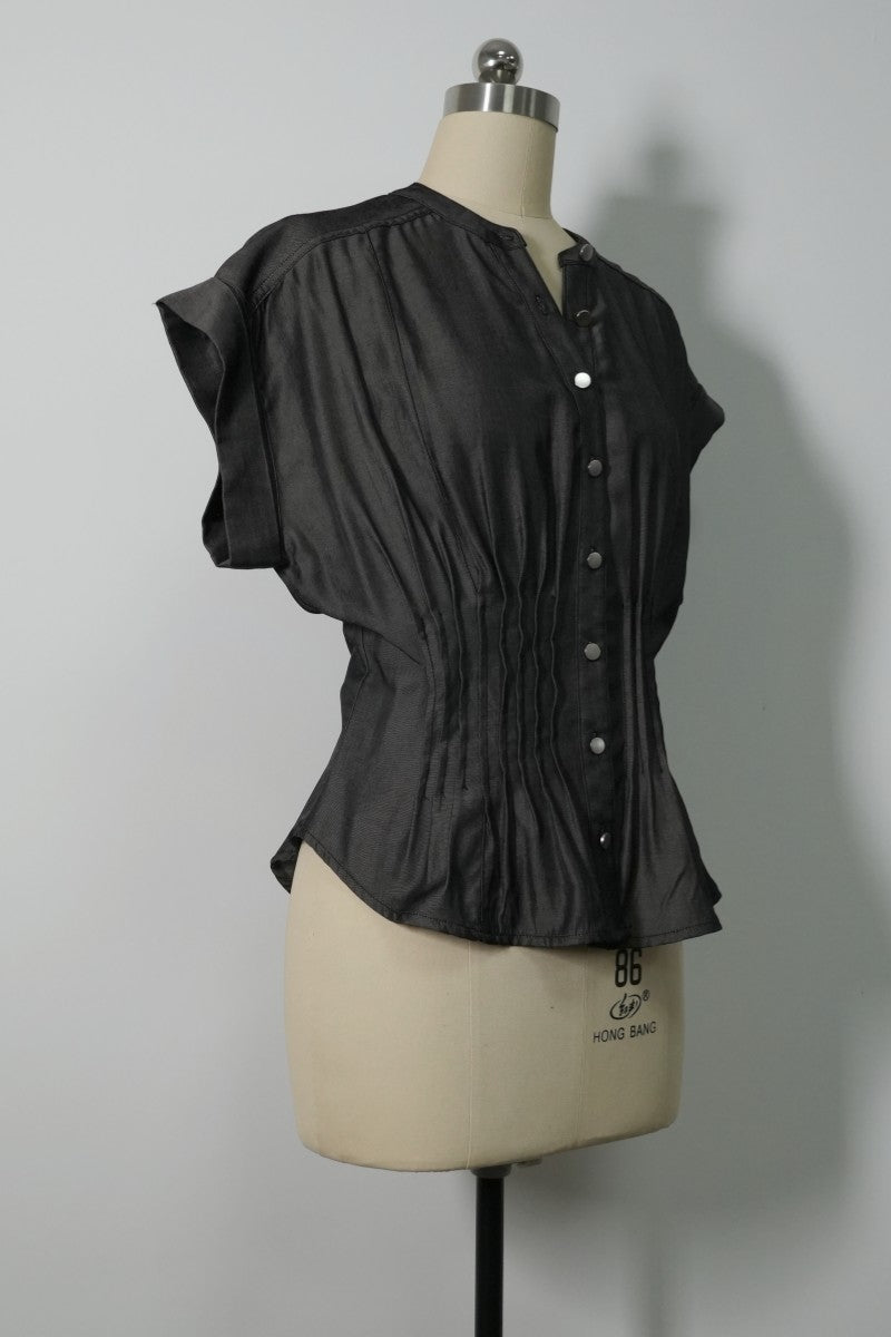 Sculpted Cinched Blouse|Soft-touch Faux denim,Corset-waist Cap-sleeve Denim Blouse W-05-002 Denim, Black