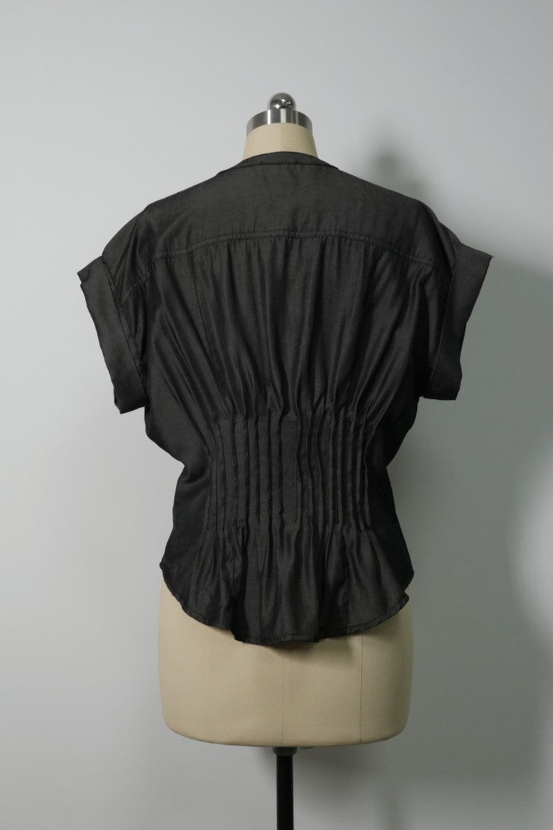 Sculpted Cinched Blouse|Soft-touch Faux denim,Corset-waist Cap-sleeve Denim Blouse W-05-002 Denim, Black