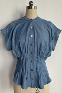 Sculpted Cinched Blouse|Soft-touch Faux denim,Corset-waist Cap-sleeve Denim Blouse W-05-002 Denim, Black