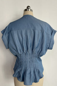 Sculpted Cinched Blouse|Soft-touch Faux denim,Corset-waist Cap-sleeve Denim Blouse W-05-002 Denim, Black