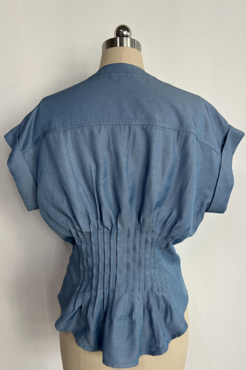 Sculpted Cinched Blouse|Soft-touch Faux denim,Corset-waist Cap-sleeve Denim Blouse W-05-002 Denim, Black