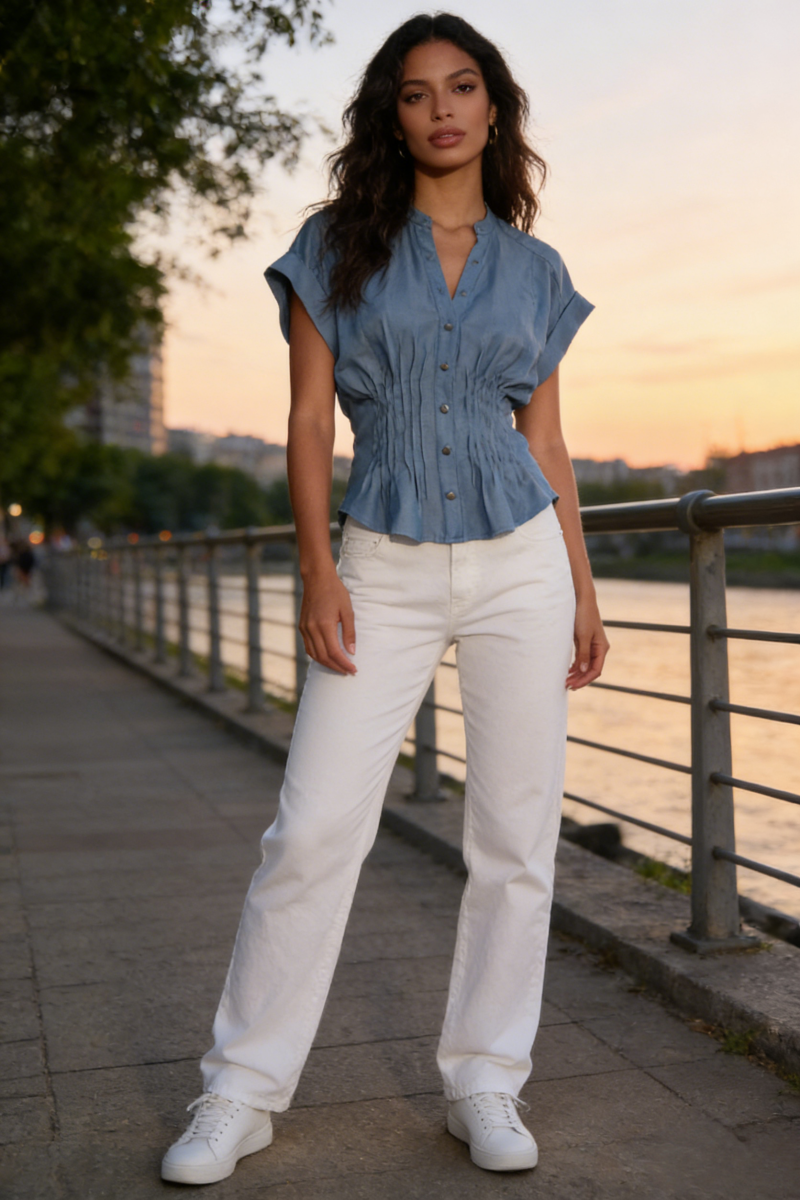 Sculpted Cinched Blouse|Soft-touch Faux denim,Corset-waist Cap-sleeve Denim Blouse W-05-002 Denim, Black