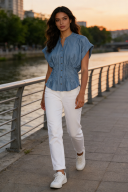 Sculpted Cinched Blouse|Soft-touch Faux denim,Corset-waist Cap-sleeve Denim Blouse W-05-002 Denim, Black