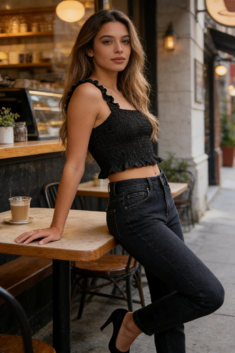 Smocked Bodice Ruffle Crop Top | 70/30 Smooth-Touch Blend W-05-003 Light Blue Denim, Black