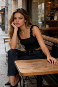 Smocked Bodice Ruffle Crop Top | 70/30 Smooth-Touch Blend W-05-003 Light Blue Denim, Black