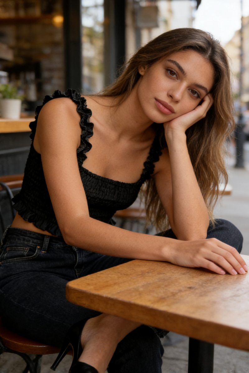 Smocked Bodice Ruffle Crop Top | 70/30 Smooth-Touch Blend W-05-003 Light Blue Denim, Black