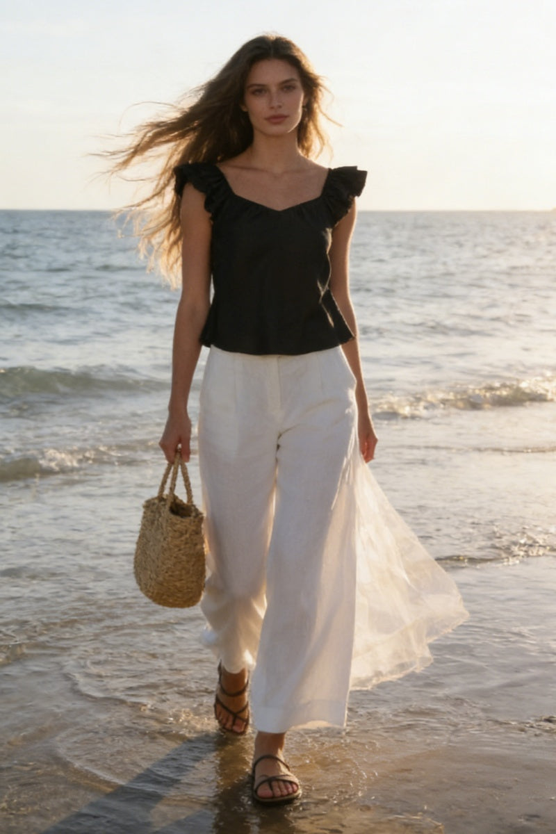 The Gathered-Neck Contour Crop | Ruffled Sleeves|Structured 70/30 Rayon Blend|W-05-004-010 Light Blue Denim, Black