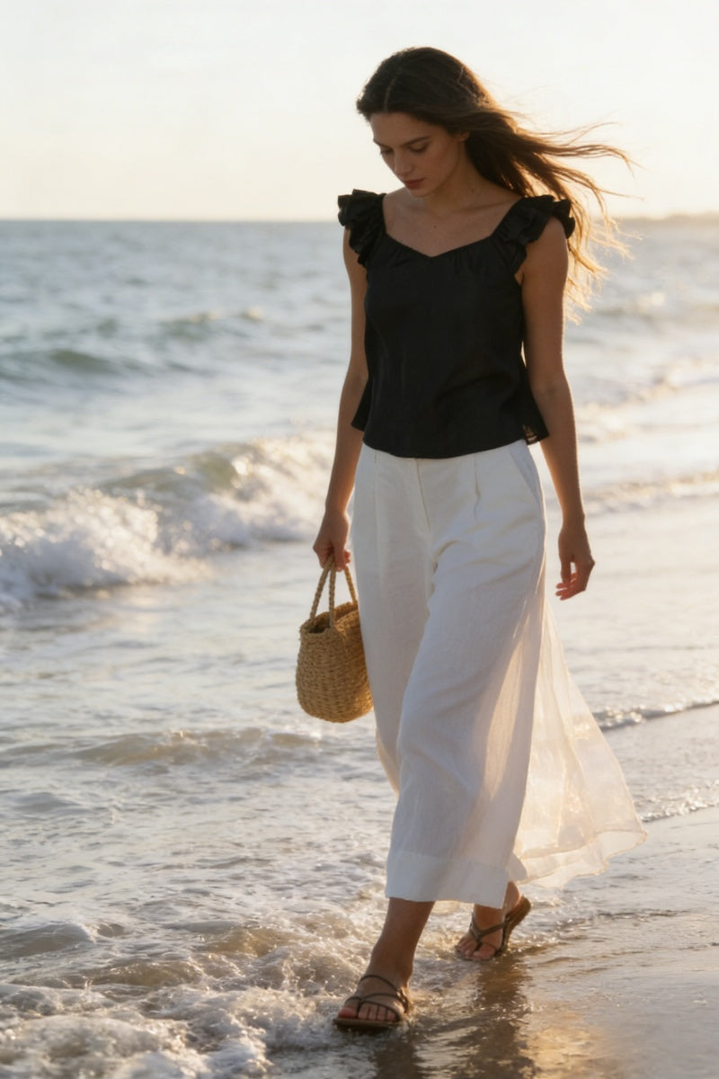 The Gathered-Neck Contour Crop | Ruffled Sleeves|Structured 70/30 Rayon Blend|W-05-004-010 Light Blue Denim, Black