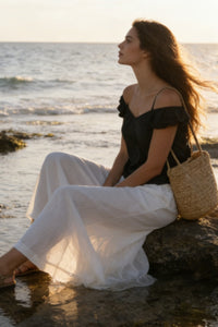 The Gathered-Neck Contour Crop | Ruffled Sleeves|Structured 70/30 Rayon Blend|W-05-004-010 Light Blue Denim, Black