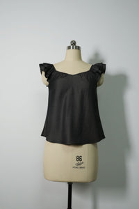 The Gathered-Neck Contour Crop | Ruffled Sleeves|Structured 70/30 Rayon Blend|W-05-004-010 Light Blue Denim, Black