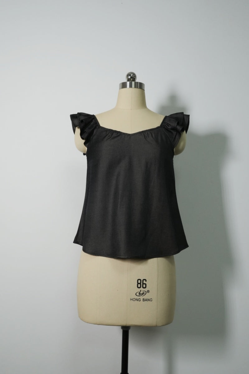 The Gathered-Neck Contour Crop | Ruffled Sleeves|Structured 70/30 Rayon Blend|W-05-004-010 Light Blue Denim, Black