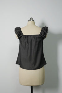 The Gathered-Neck Contour Crop | Ruffled Sleeves|Structured 70/30 Rayon Blend|W-05-004-010 Light Blue Denim, Black