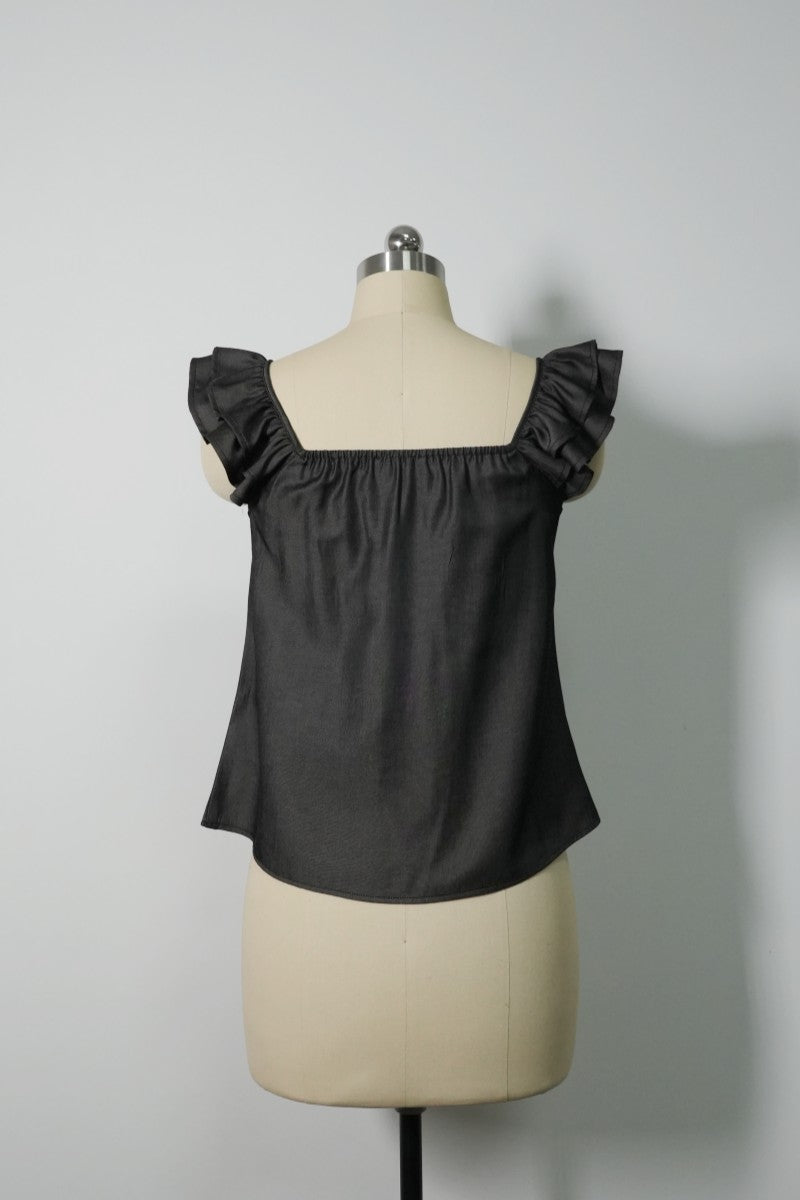 The Gathered-Neck Contour Crop | Ruffled Sleeves|Structured 70/30 Rayon Blend|W-05-004-010 Light Blue Denim, Black