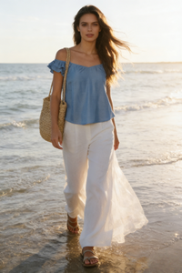 The Gathered-Neck Contour Crop | Ruffled Sleeves|Structured 70/30 Rayon Blend|W-05-004-010 Light Blue Denim, Black