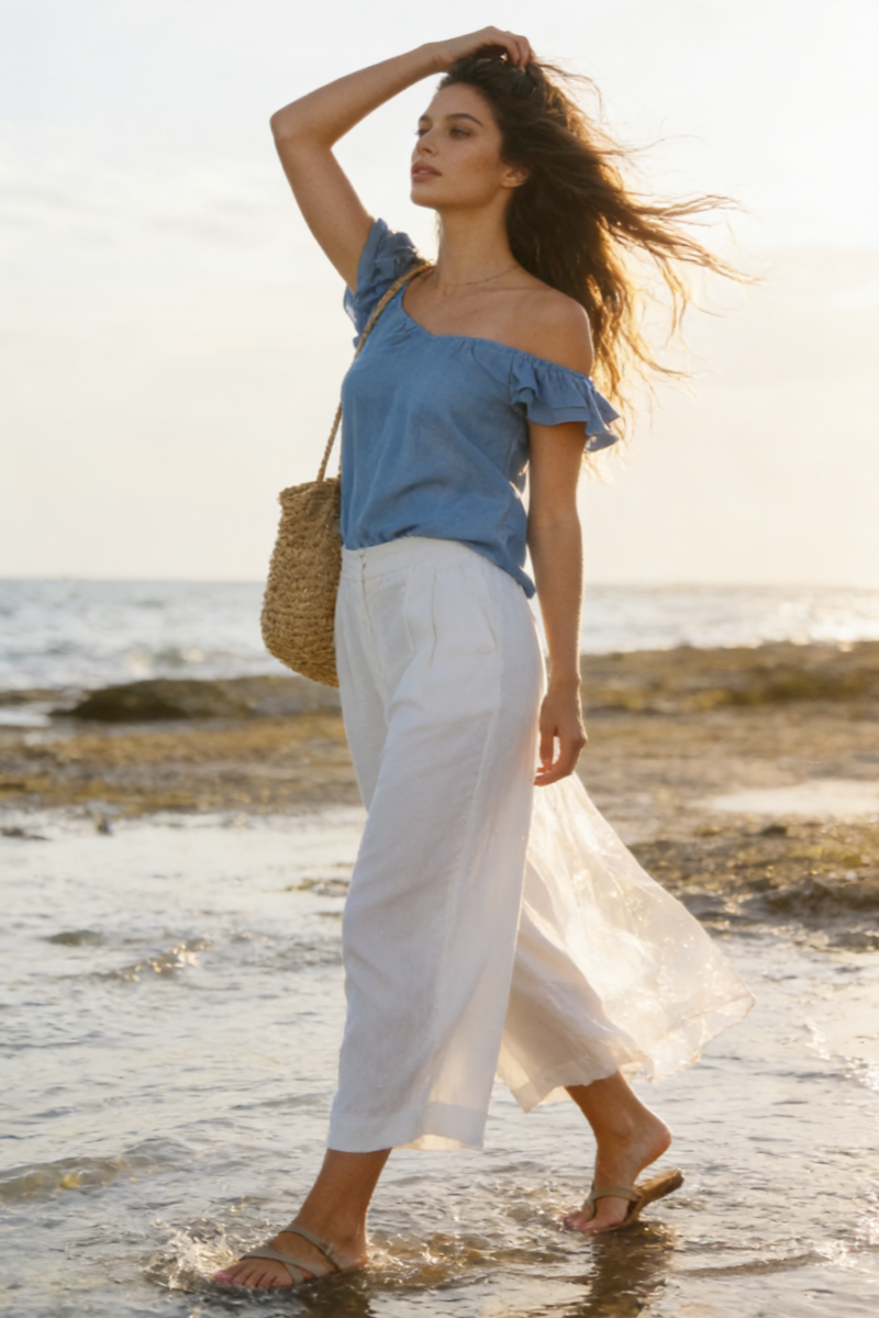 The Gathered-Neck Contour Crop | Ruffled Sleeves|Structured 70/30 Rayon Blend|W-05-004-010 Light Blue Denim, Black