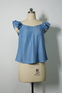 The Gathered-Neck Contour Crop | Ruffled Sleeves|Structured 70/30 Rayon Blend|W-05-004-010 Light Blue Denim, Black