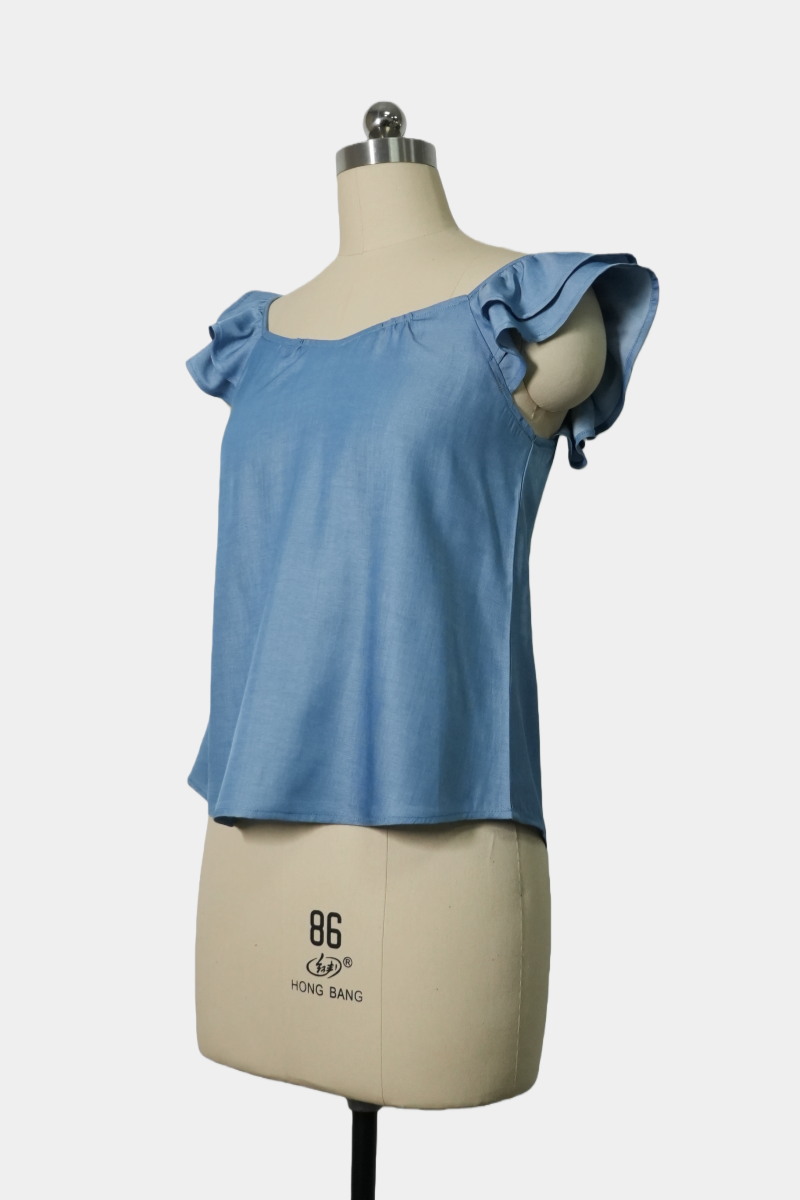 The Gathered-Neck Contour Crop | Ruffled Sleeves|Structured 70/30 Rayon Blend|W-05-004-010 Light Blue Denim, Black