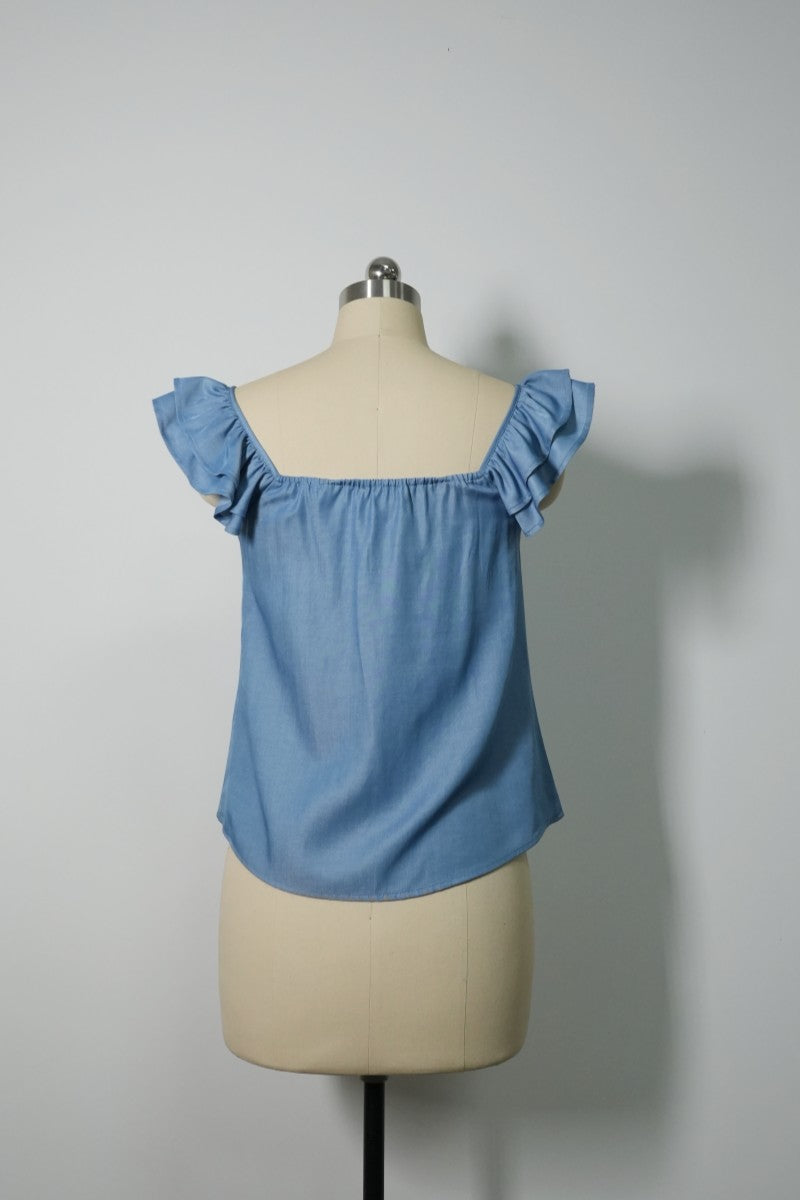 The Gathered-Neck Contour Crop | Ruffled Sleeves|Structured 70/30 Rayon Blend|W-05-004-010 Light Blue Denim, Black
