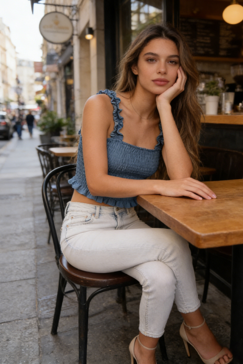 Smocked Bodice Ruffle Crop Top | 70/30 Smooth-Touch Blend W-05-003 Light Blue Denim, Black