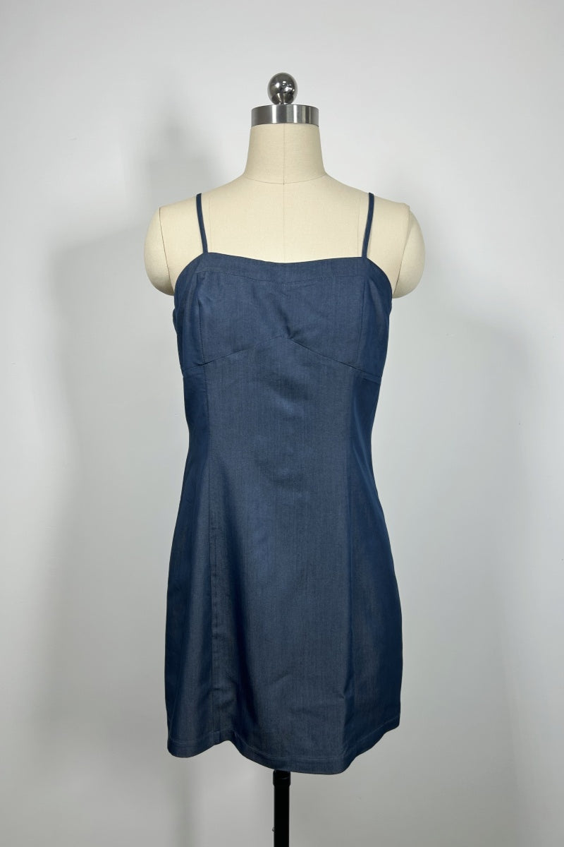 Vestido midi de rayón y mezclilla a medida | Mezcla estructurada 70/30 | W-05-006-480 Azul marino