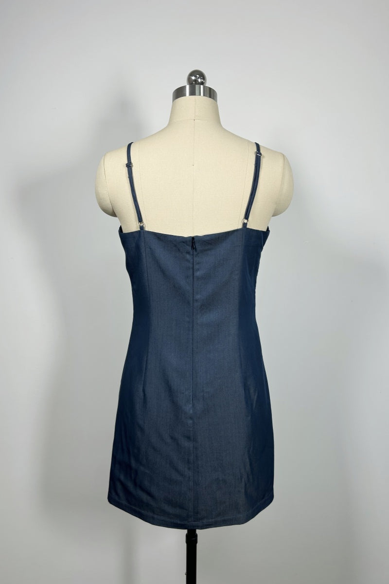 Vestido midi de rayón y mezclilla a medida | Mezcla estructurada 70/30 | W-05-006-480 Azul marino