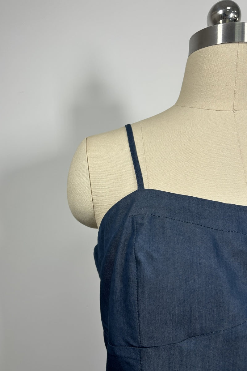 Vestido midi de rayón y mezclilla a medida | Mezcla estructurada 70/30 | W-05-006-480 Azul marino