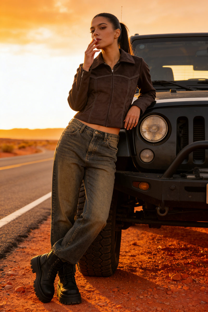 Chaqueta de ante vegano con cremallera de inspiración western | Peso medio W-05-007-075