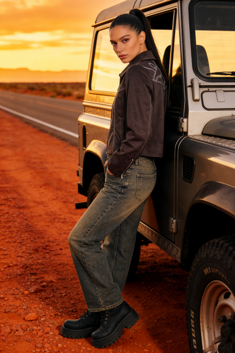 Chaqueta de ante vegano con cremallera de inspiración western | Peso medio W-05-007-075