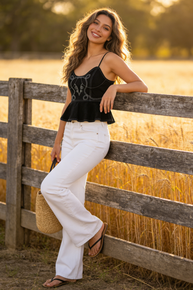 The Scroll Embroidery Peplum Camisole | Mid-Weight Vegan Suede W-05-008-010 Black,Charcoal,Sand