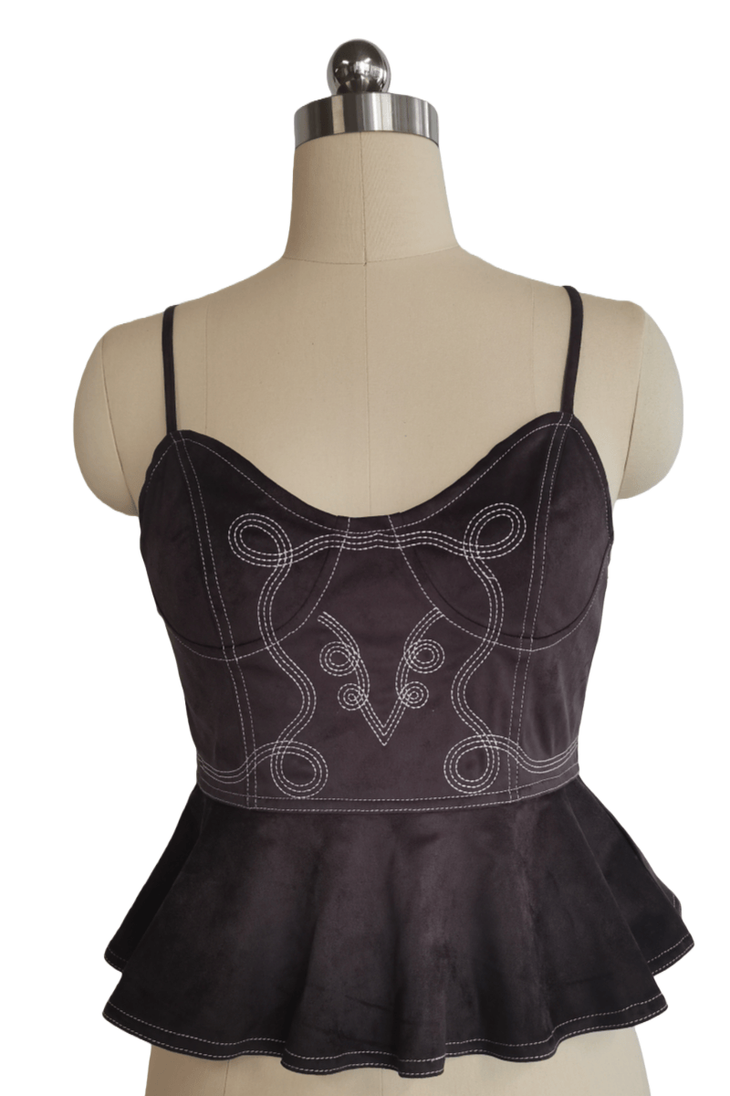 The Scroll Embroidery Peplum Camisole | Mid-Weight Vegan Suede W-05-008-010 Black,Charcoal,Sand