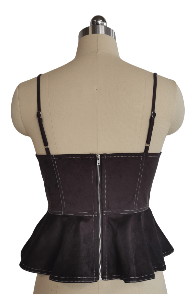The Scroll Embroidery Peplum Camisole | Mid-Weight Vegan Suede W-05-008-010 Black,Charcoal,Sand
