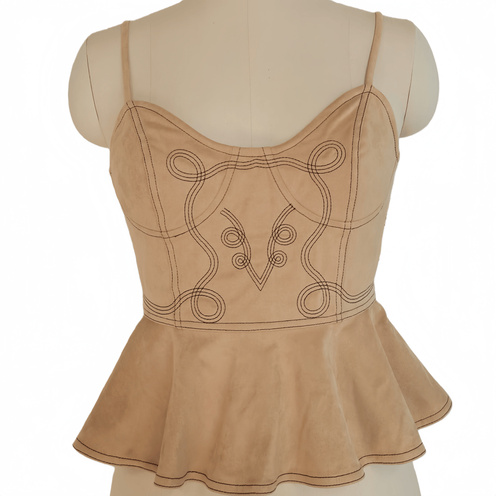 The Scroll Embroidery Peplum Camisole | Mid-Weight Vegan Suede W-05-008-010 Black,Charcoal,Sand