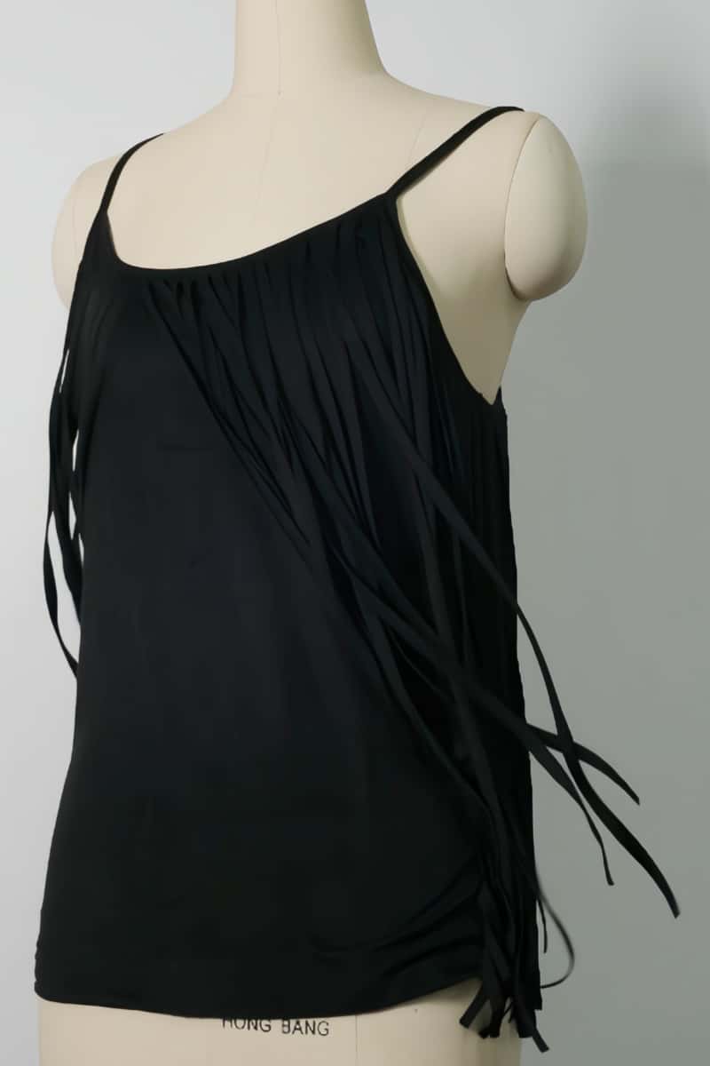 Feminine Merlot Scoop Neck Spaghetti Strap Top with Wrap Around Flowy Fringes W-05-009-240