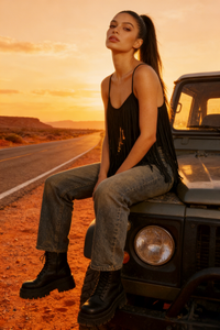 Feminine Merlot Scoop Neck Spaghetti Strap Top with Wrap Around Flowy Fringes W-05-009-240