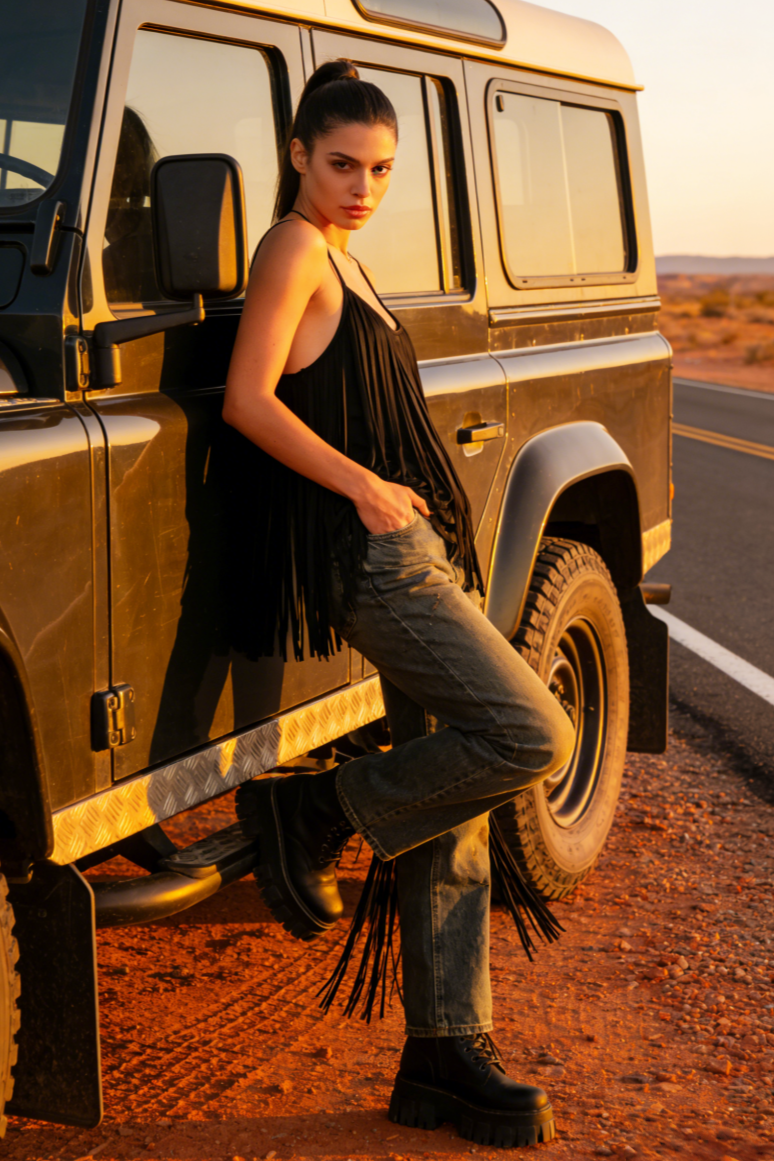 Feminine Merlot Scoop Neck Spaghetti Strap Top with Wrap Around Flowy Fringes W-05-009-240