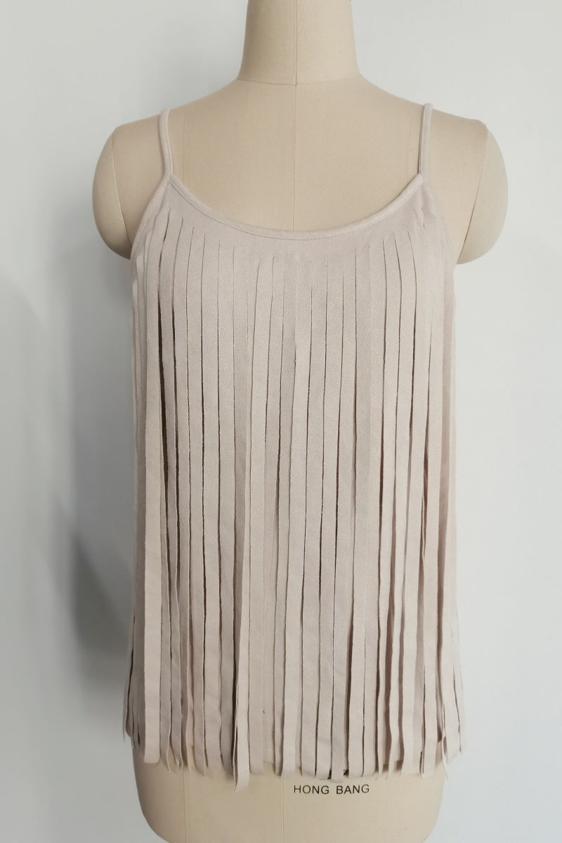 Feminine Merlot Scoop Neck Spaghetti Strap Top with Wrap Around Flowy Fringes W-05-009-240