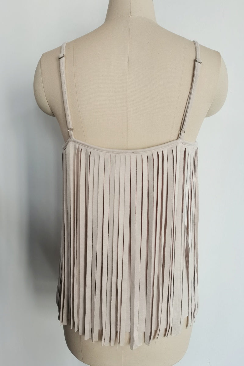 Feminine Merlot Scoop Neck Spaghetti Strap Top with Wrap Around Flowy Fringes W-05-009-240